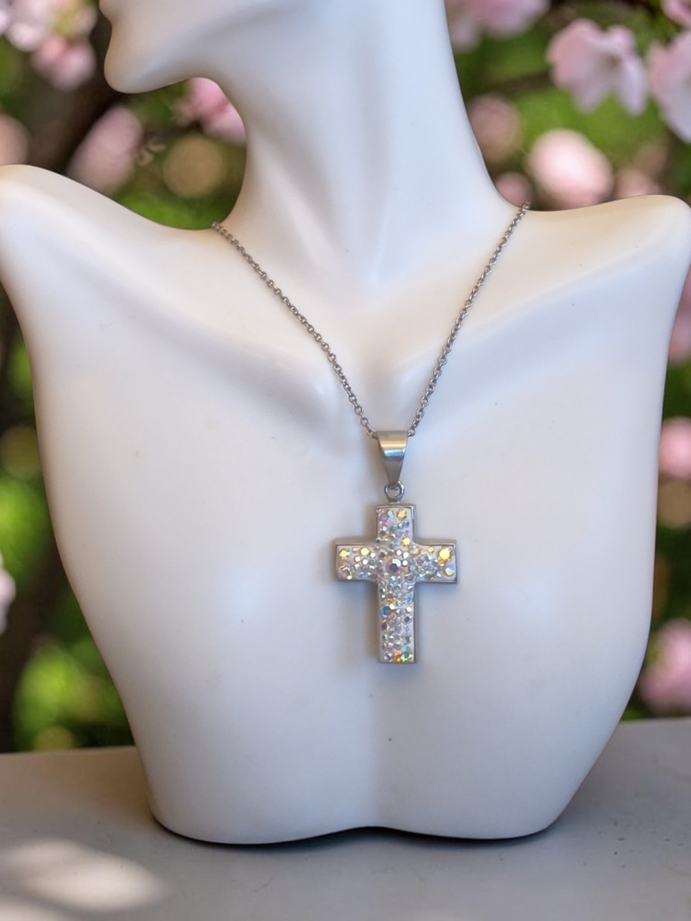 Silvertone Cross Pendant Necklace with Iridescent Crystals
